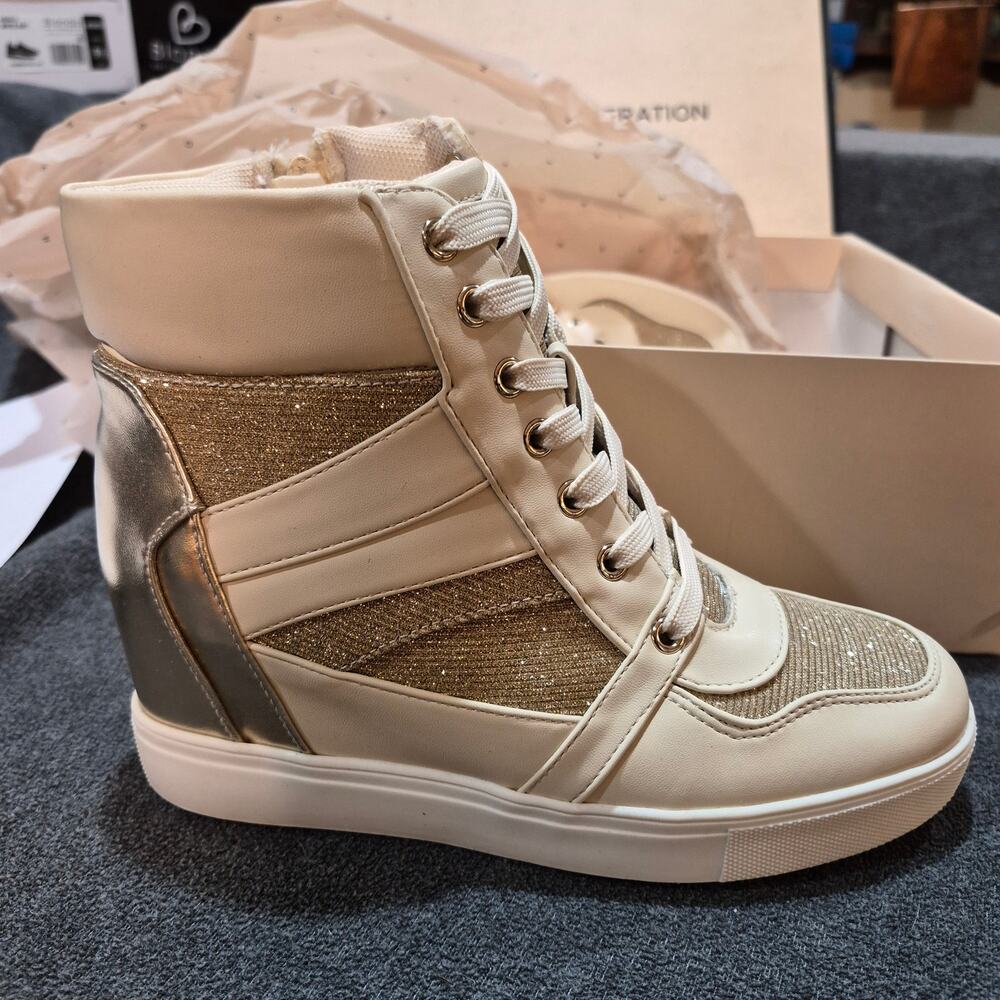 BCBGeneration Cream and Gold Wedge Sneakers